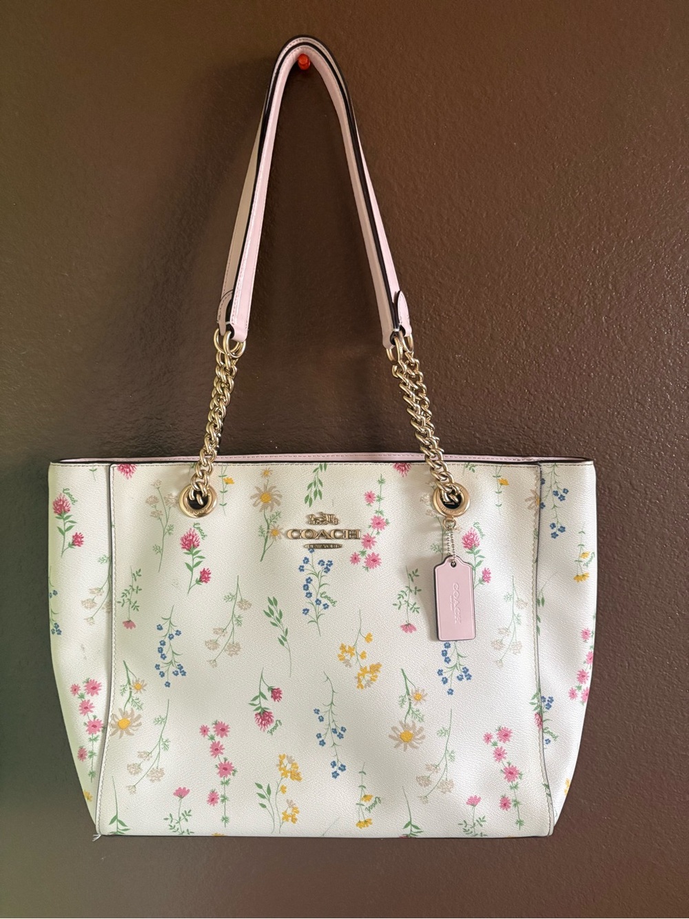 Coach White Floral Leather Tote with Pink Trim and Gold Hardware